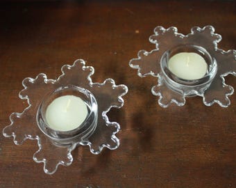 Pair of Clear Glass Snowflake Votive Candle Holders | Tea Light Votive