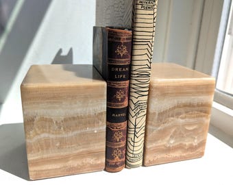 Vintage Honey Onyx Bookends | Natural Butterscotch Stone | Mid-Century Modern Decor