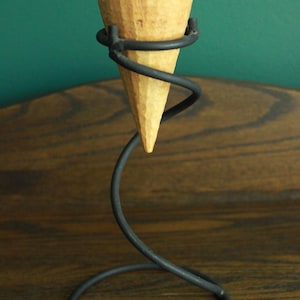Danish Modern Wooden and Iron Candlestick Holder | Twisted Iron Base with Conical Wooden Holder | Scandinavian Taper Candlestick Holder