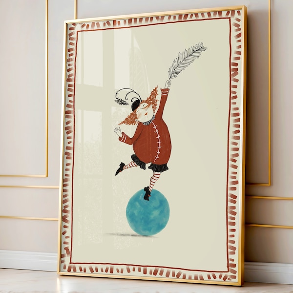 Puede incluir: Una ilustración caprichosa de una persona con cabello rojo que lleva un atuendo rojo y negro equilibrándose sobre una bola azul. La persona sostiene una rama con hojas en su mano.