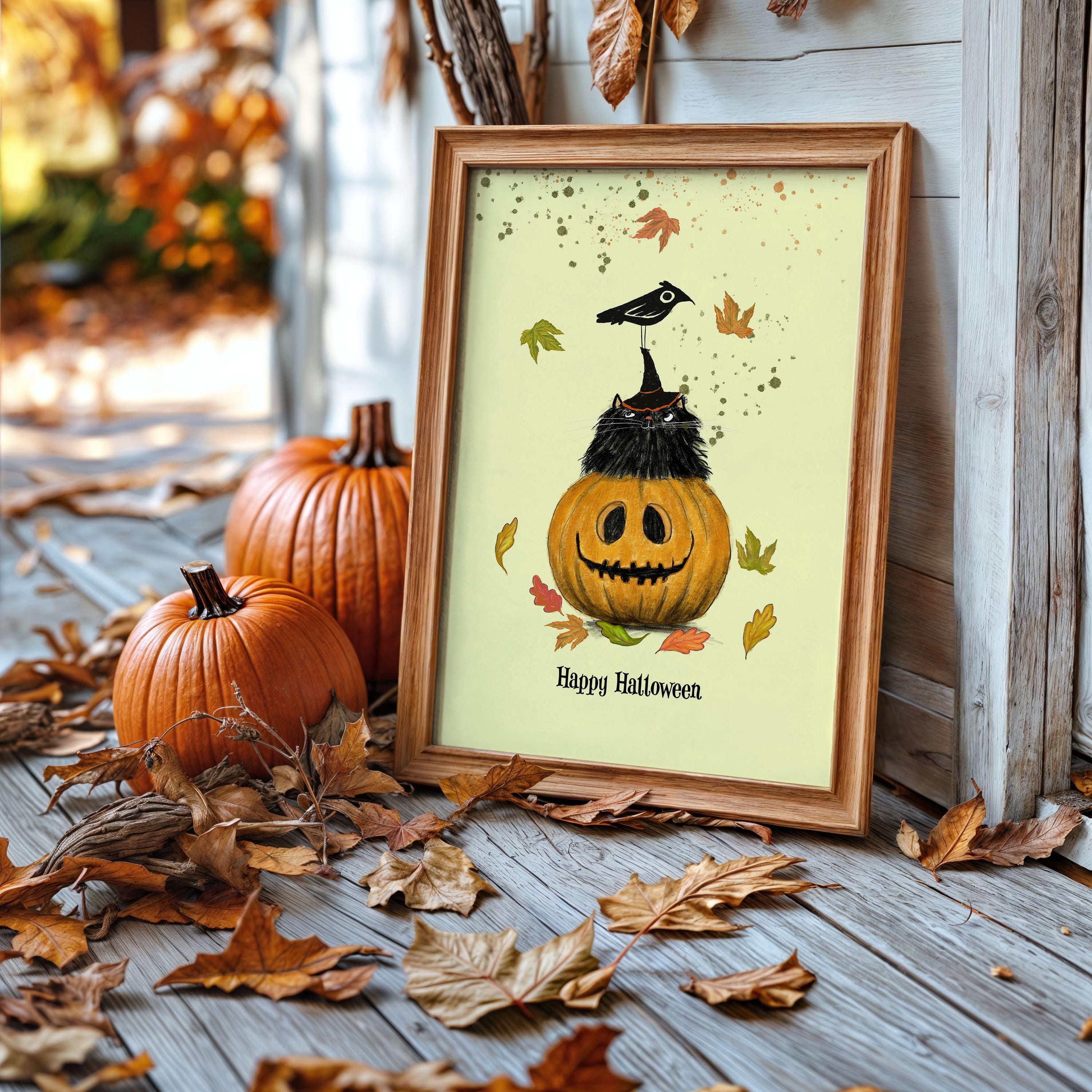 Black Cat Pumpkin Halloween Print – Whimsical Nursery Art (digital ...