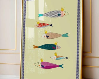 Gekrönter Fisch Kunstdruck: Farbenfrohes Kinderzimmer Wandbild (Digitaler Download)