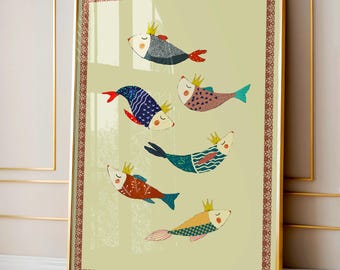 Gekrönter Fisch Kunstdruck: Verspieltes Kinderzimmer Wandbild (Digitaler Download)