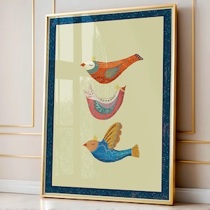 Impresión artística de pájaros coronados de colores - Trío vertical de diseños únicos - Descarga digital - Arte de pared para guardería - Decoración de pared imprimible - Arte de pared