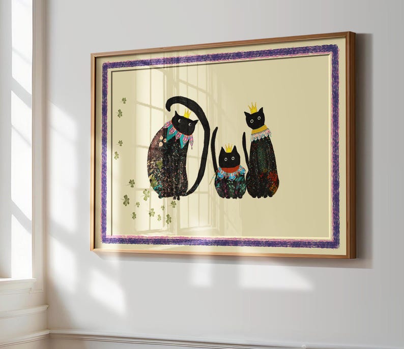 Walplus Quadro Con Adesivo Muro Gatto Nero – Cornice MDF Inclusa, Poster 29x39 Cm, Decorazione Casa