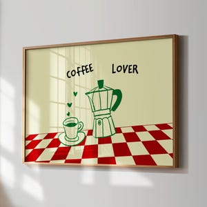 Decoración de cocina retro - Arte espresso - Impresión de mesa a cuadros rojos - Impresión acogedora para amantes del café - Arte de cafetera moka y taza humeante - Póster de cafetería - Arte mural