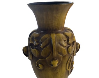1960's Vintage Haeger Art Pottery Ornate Antiqued Yellow Matte Finish Vase