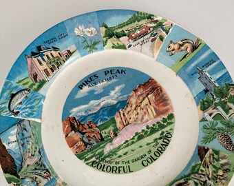 Vintage Pikes Peak Colorado Souvenir Decorative Wall Plate - Cave of the Winds- Will Rogers Shrine - Seven Falls - Royal Gorge - Opera House