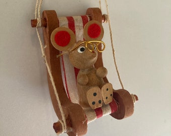 Vintage Wooden Mouse in Chair Christmas Ornament - Merry Xmas - Wood Ornament