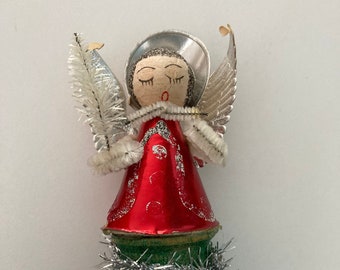 Vintage 1950s Angel Ornament - Small Spun Cotton Head Foil and Chenille Christmas Decoration Mid Century Japan Red Dress Bottle Brush Tree