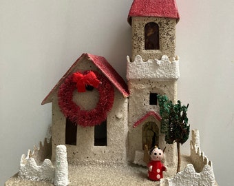 Vintage Putz House Church - Glitter House - Rehabbed Putz House - Cardboard Church - Mica Church