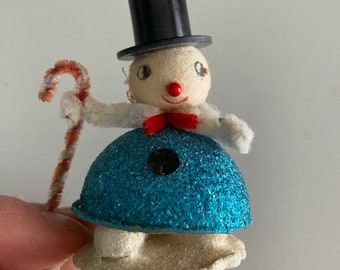 Vintage Spun Cotton Blue Glitter Snowman Ornament - Mica - Made in Japan