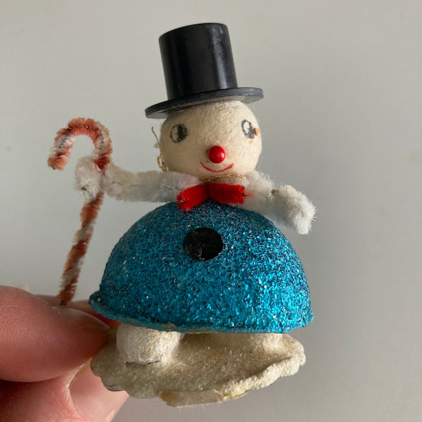 vintage Spun Cotton Blue Glitter Snowman Ornament - Mica - Fabriqué au Japon