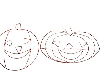May include: Two wireframe pumpkin decorations. Each pumpkin has a stem, triangular eyes, and a smiling mouth. The pumpkins are made of thin, reddish-brown wire and are set against a white background, perfect for Halloween.