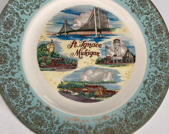 Vintage St. Ignace Michigan Souvenir Plate - The Mackinaw Bridge - Caste Rock - Curio Fair - Indian Village - Wall Plate