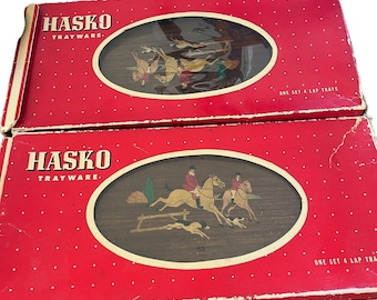 2 Sets of Four Vintage Wooden Hasko Trayware Lap Trays - Fox Hound Hunt - MCM - Retro