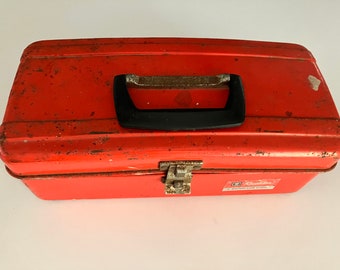 Vintage Orangey Red Revelation Western Auto Stores Metal Tackle Box - Perfectly Distressed - 13.5" x 6" x 5" - with tray - Fishing Tackle