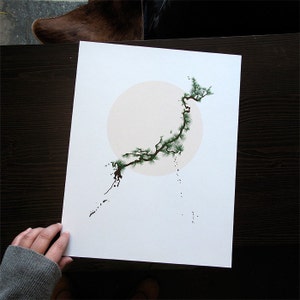 May include: A white background with a stylized green pine tree branch extending from a pale pink circle. The branch is black and has a few small black dots falling from it.
