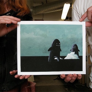 May include: A white framed print of a digital painting depicting two dark blue, cartoon-like figures with white eyes and mouths. The figures are standing on a dark blue surface with a light blue sky in the background.