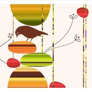 May include: Abstract art print featuring a brown bird perched on a stack of colorful striped circles, with red circles and stylized flowers on a white background.