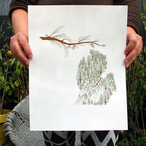 May include: A white print of a stylized pine tree with brown branches and green needles. The tree is shaped like the state of Michigan.