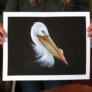 May include: A detailed painting of a pelican's head and neck against a black background. The bird's white feathers contrast with its long, orange and yellow beak. The artwork is displayed on a white-bordered paper.