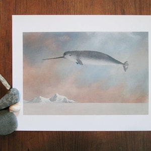 May include: A print of a narwhal flying in the sky over a snowy mountain range. The narwhal is gray and white with a long, spiraled tusk. The sky is a soft pink and blue.