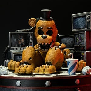 以下が含まれることがあります： 黒いシルクハットをかぶった金色のクマのキャラクターの精巧なフィギュア。ヴィンテージテレビに囲まれています。フィギュアは、飲み物と小さなケーキが置かれた市松模様のプラットフォームにあります。シーンは暗い背景に設定されています。