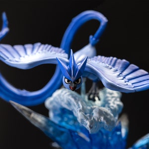 May include: A blue and white figurine of a mythical bird with a long tail, perched on a blue and white ice-like base.