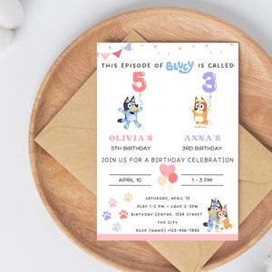 Faire-part d'anniversaire commun Bluey, frères et sœurs, imprimable, numérique, personnalisable, Bluey, anniversaire commun