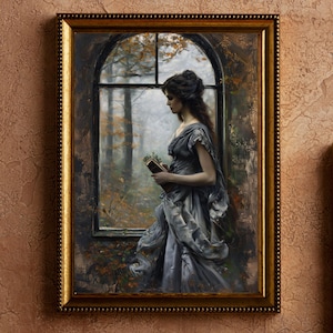 Victorian Woman Reading Bookish Wall Art Print | Dark Academia Decor | Moody Reading Nook Painting | Book Lover Gift | PRINTABLE Art