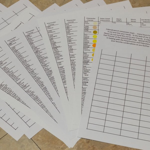 Conversion Chart Colored Pencils Etsy