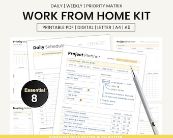 May include: A printable work from home kit with a daily schedule, meeting notes, and project planner pages. The kit includes a priority matrix, a project planner, and a daily schedule. The project planner page has a section for brainstorming and a section for tracking progress. The daily schedule page has a section for meetings and appointments. The meeting notes page has a section for summary notes.