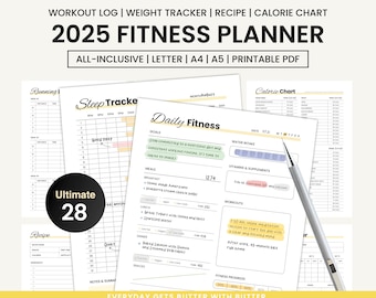 Fitness Planner 2025, Tracker di allenamenti e pasti (PDF stampabile)