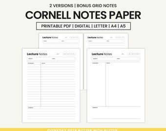 Cornell Notizen Vorlage zum Ausdrucken, A4 A5 Letter Größen (PDF)