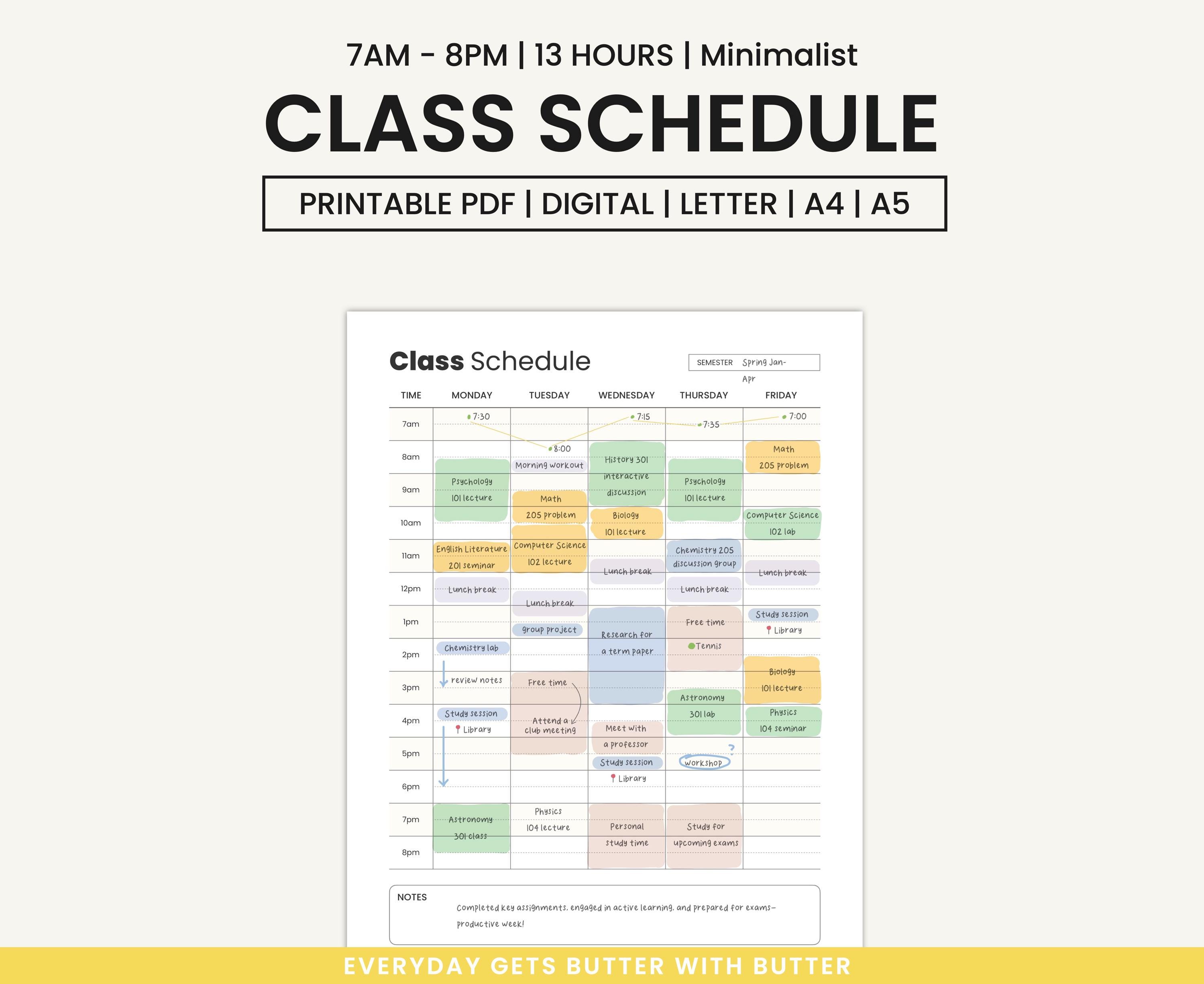 Class Schedule Template Class Schedule Printable Class Schedule Poster ...
