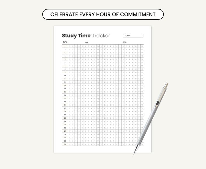 Może przedstawiać: Czarno-biały, drukowalny tracker czasu nauki z tekstem "Study Time Tracker" u g&oacute;ry. Tracker jest podzielony na dni, AM i PM. Każdy dzień ma 24 godziny, a każda godzina jest reprezentowana przez mały kwadrat.