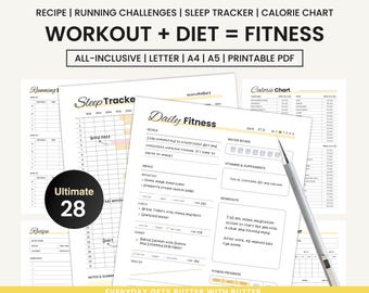 Paquete imprimible de planificación de fitness / Seguimiento de entrenamiento, dieta y salud (PDF)