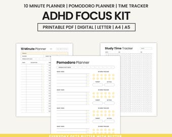 Kit de Planejamento de Foco para TDAH: Pomodoro e Rastreador de Tempo (PDF para impressão)
