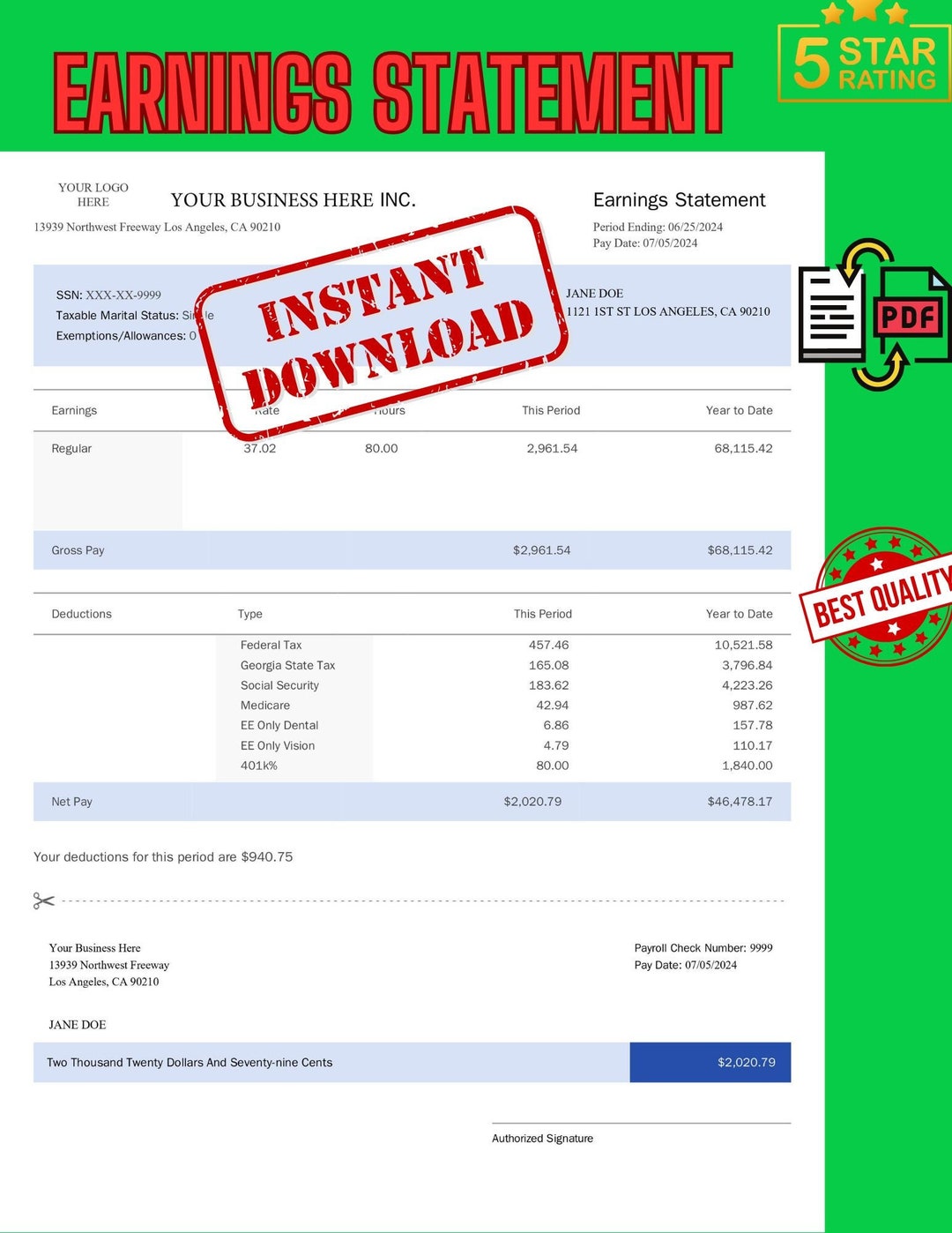 Custom Check Stub Template | Editable in Word and PDF | Instant ...