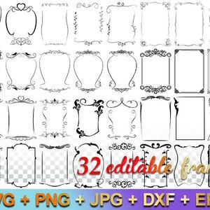 Op de afbeelding: Collectie van 32 bewerkbare frames in zwart en wit, met diverse stijlen. De frames variëren van eenvoudige lijnen tot sierlijke ontwerpen met harten, krullen en bloemmotieven. De afbeelding bevat de tekst: SVG + PNG + JPG + DXF + EPS.