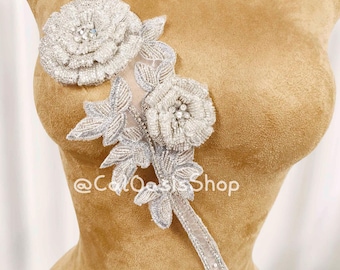 Hand Sew on Rhinestone Rose Applique: Silver Beaded Floral Leaf Patch, Wedding Gown Formal Dress Embellishment