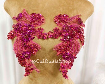 Luxury Rose Red Rhinestone Applique Bodice Patch Pair: Beaded Crystal Appliques Front for Dress