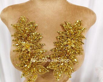 3D Gold Leaf Blumen Strass Applikationen Paar: Kristall Hochzeit Haarschmuck, Kostüm Applikationen
