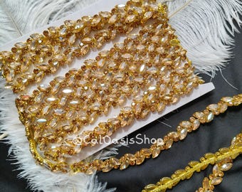 Champagne Rhinestone Cup Chain Trim: Crystal Rhinestone Applique for Costume Sew On