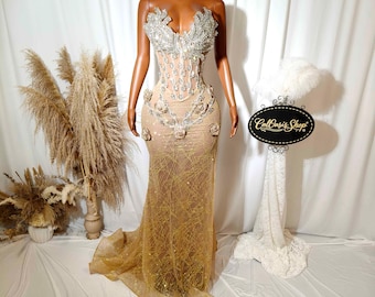 Handmade Gold 3D Floral Rhinestone Party Prom Dress: Crystal Evening Ball Gown, Special Occasion Gown
