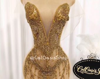Luxury Gold Full Bodice Rhinestone Patch Appliques for Dress : Bead Crystal appliques Front Prom Clothes DIY