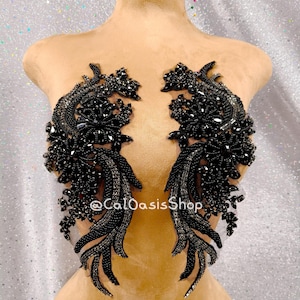 A Pair Black Rhinestone Bodice Applique for Bridal Dress Design, Beads Rhinestone Applique Patch for Ball Gown Prom Evening Party Club Dress
