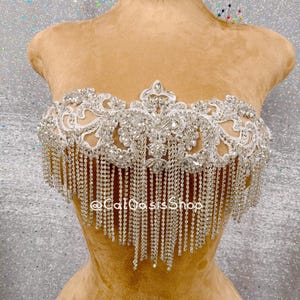 Silver/Gold/Black Tassel Rhinestone Bodice Applique Front for Dresses DIY, Beads Rhinestone Applique Patch for Birthday Party Dress