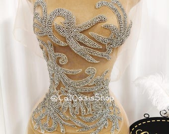 Bling Silver Full Bodice Rhinestone Patch Appliques for Dress : Designer Crystal appliques Front
